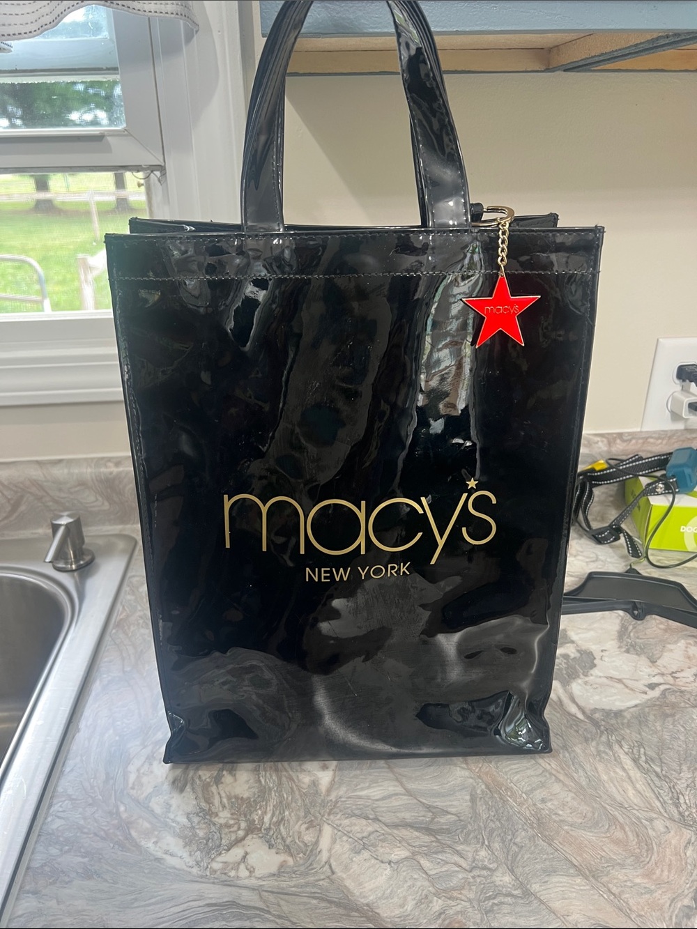Macy's Black Patent Shopper with Gold Logo and Red Star Charm